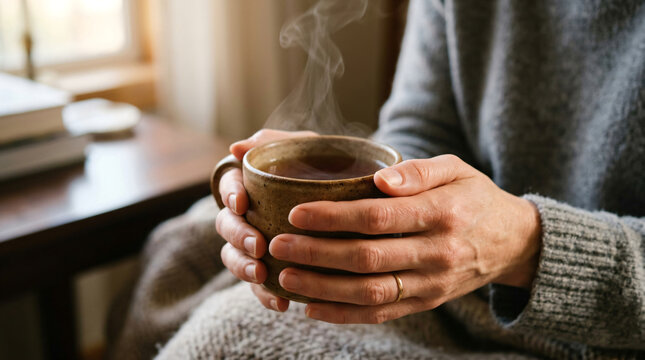 Close-up of woman's hands holding a warm, steaming cup of herbal tea or coffee in a ceramic mug, wrapped in a cozy knitted blanket and grey sweater during a cold winter morning at home.