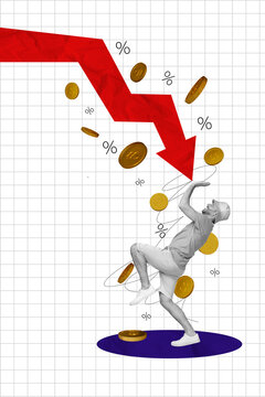Composite trend artwork sketch collage of copybook page trader business arrow down crisis loss money coins man stand cover hands protect