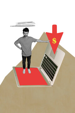 Composite trend artwork collage of&nbsp;office manager young guy stand&nbsp;display&nbsp;laptop finger point&nbsp;keypad&nbsp;arrow down trader money loss decrease