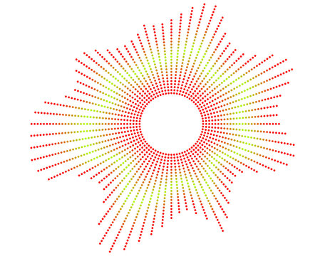 Red and yellow dotted circular sound wave on white background. Abstract sunburst audio waveform with radial dot lines around a hollow white center. Gradient stipple design for music, podcast, and logo
