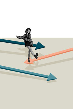Image vertical art banner collage of happy inexperienced girl dance arrow decline problem economy recession crisis challenge