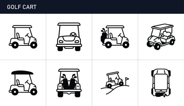 Golf cart icons set with vehicles and golf clubs for transport and sport