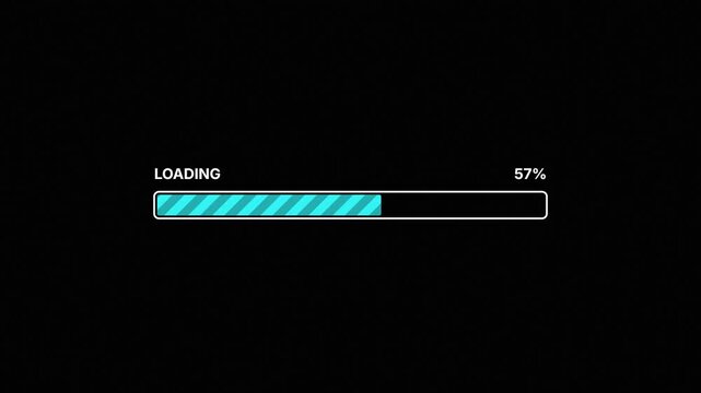 Modern cyan striped loading progress bar filling with percentage counter on black background, clean neon loading screen animation that counts up then holds