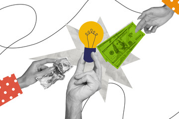Plakat Composite artwork photo collage template sketch of human hands hold idea lamp creative banknote finance market currency dollars earnings