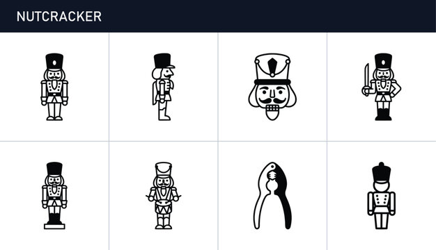 Nutcracker icons set with soldier figures and nutcracker tool for holiday design