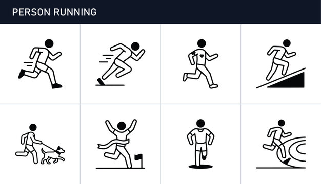 Running person icons set with sprinter, runner on stairs and dog walker, sport and fitness