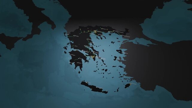Greece 3D Digital Map Animation - Reveal of Roads, Cities & Boundaries, 4K Orbiting View Reveal