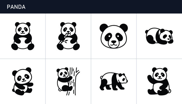 Panda icons set with bears in various poses and actions for wildlife or zoo themes