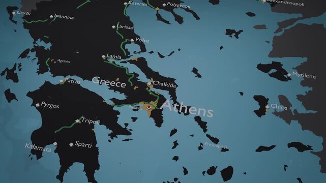 Greece 3D Digital Map Animation - Reveal of Roads, Cities & Boundaries, 4K Orbiting View & Zoom Out Reveal