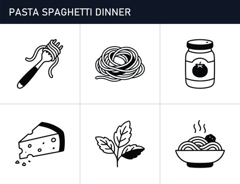 Pasta and ingredients line icons set with spaghetti on fork, cheese and tomato sauce jar for food apps