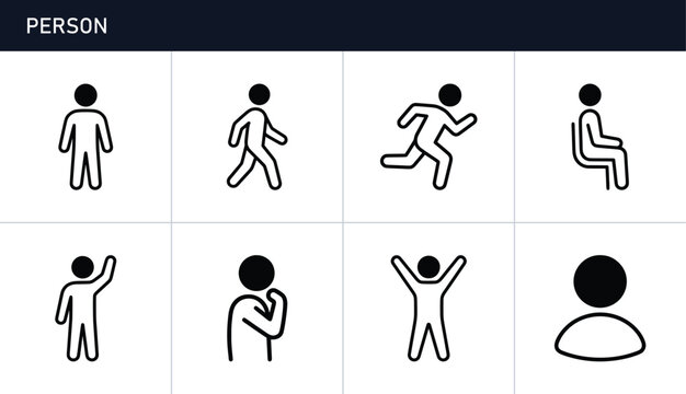 Person icon set with figures walking, running, sitting, waving and thinking for user interface and web