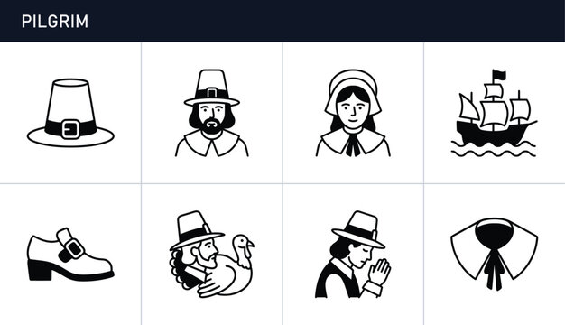 Pilgrim icons set with hat, man, woman, ship, shoe, turkey and praying, Thanksgiving holiday