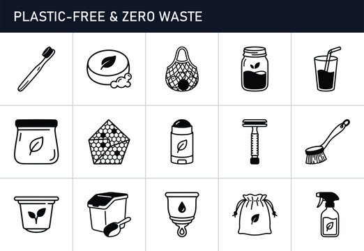 Plastic-free and zero waste icons set with reusable items for sustainable lifestyle, eco-friendly products for shopping and hygiene