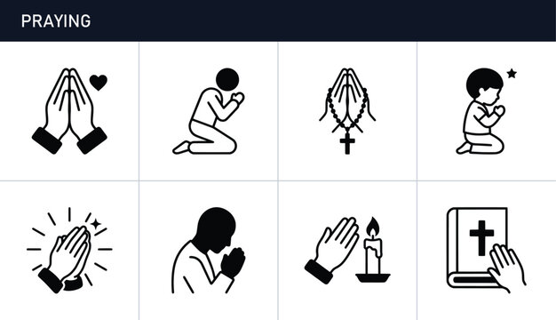 Praying hands and figures set with religious symbols, prayer and faith icons
