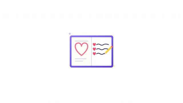 Love diary animation showing heart notebook and pencil