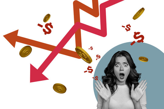 Composite trend artwork sketch image photo collage of trader business loss crisis inflation bank credit coins young shocked lady staring