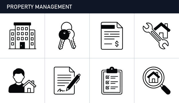 Property management icons set with building, keys, contract, checklist and search, business infographic