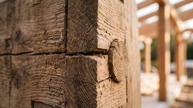 Traditional timber frame joint close up in a rustic outdoor structure