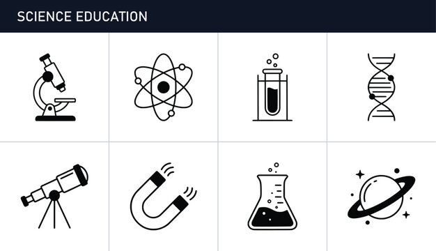 Science icons set with microscope, atom, test tube, DNA, telescope, magnet, flask and planet for education