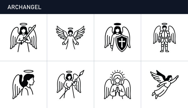 Archangel line icons set with sword, shield and praying figures for religious symbols