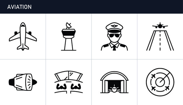 Aviation icons set with plane, pilot, airport tower and radar for travel and transport