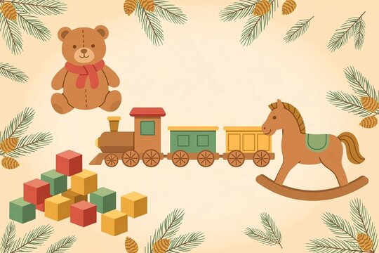 Classic Wooden Christmas Toys &ndash; Teddy Bear, Toy Train, Rocking Horse and Building Blocks with Pine Branches