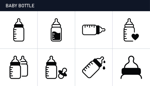 Baby bottle icons set with milk and pacifier, infant feeding symbols