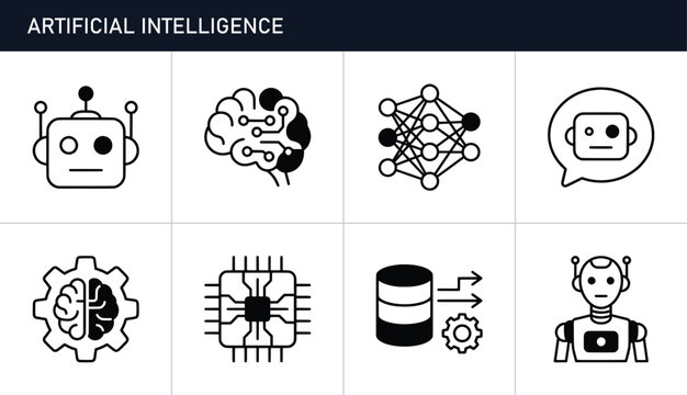 Artificial intelligence icons set with robots, brains, and neural networks for technology