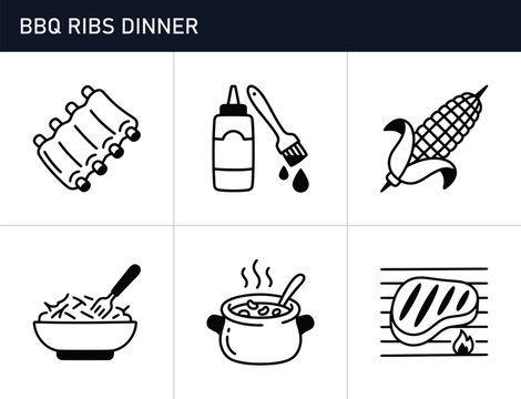 BBQ food icons set with ribs, corn, steak and side dish, cooking and grilling