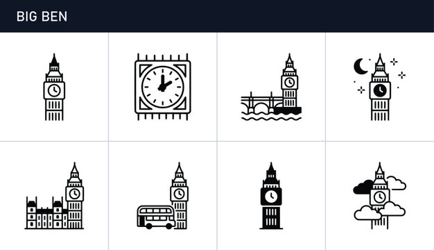 Big Ben icons set with clock tower and London landmarks, travel and tourism