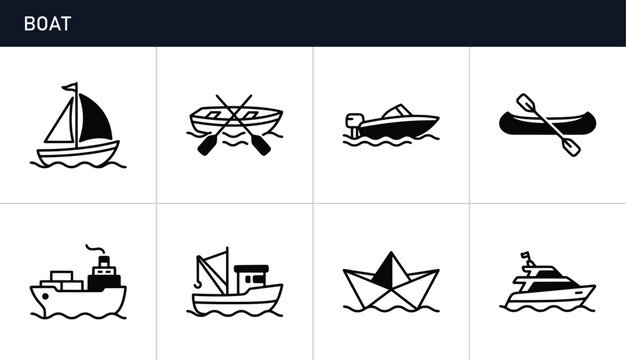 Boat icons with sailboat, canoe, cargo ship, yacht and fishing boat for transport