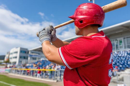Player prepares to bat during a baseball game at a sports field on a sunny day