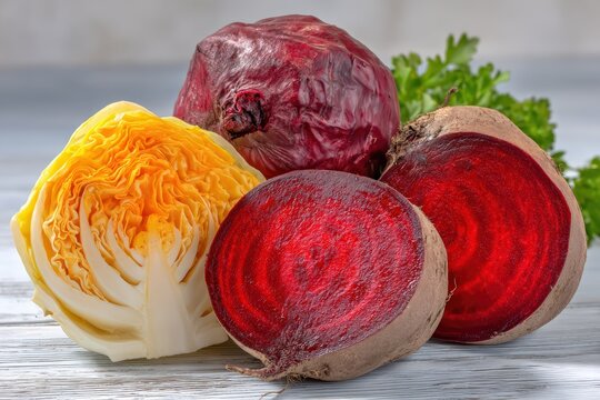 Fresh ingredients for borscht laid out on wooden table with natural light from above