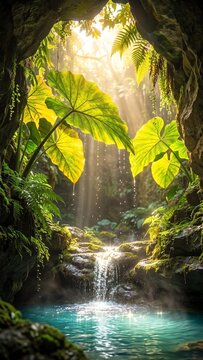 Sunlight through a cave with giant tropical leaves and a small waterfall, turquoise pool