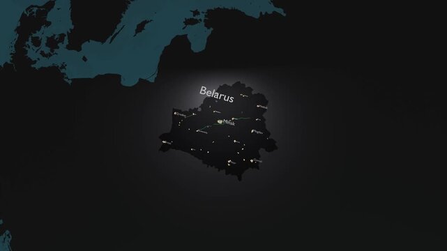 Belarus 3D Digital Map Animation - Reveal of Roads, Cities & Boundaries, 4K Orbiting View Reveal