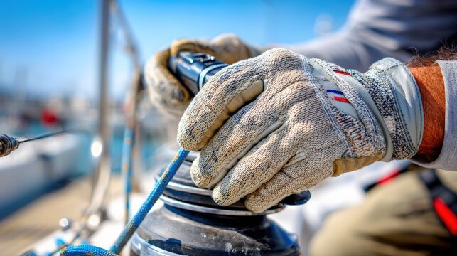 Sailor adjusting winch on a boat during a bright day