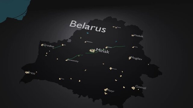 Belarus 3D Digital Map Animation - Reveal of Roads, Cities & Boundaries, 4K Zoom Out Reveal