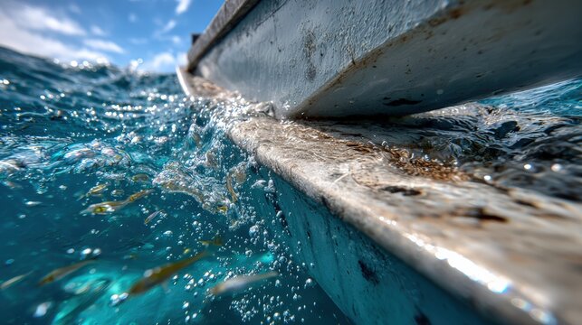 Boat moves through clear water with bubbles and reflections under a bright sky