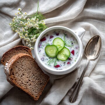 Okroshka bowl with fresh ingredients and dark bread on linen tablecloth