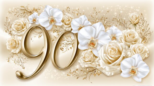 Floral design with the number 90 featuring white roses and orchids