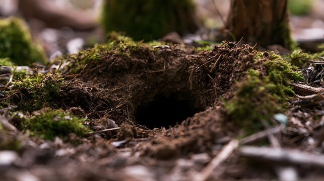 A close up view of a small animal burrow nestled in mossy forest soil  surrounded by earth and greenery