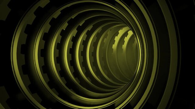 3D render seamless loop animation of futuristic sci fi tunnel with rotating gear shaped rings and metallic lighting