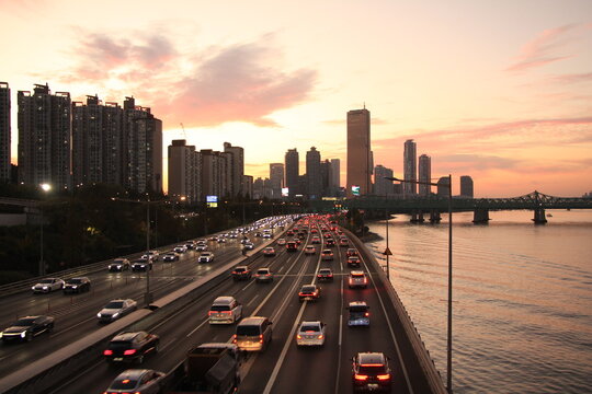 Busy Traffic with Magnificent Sunset View of Yeouido in Seoul, South Korea