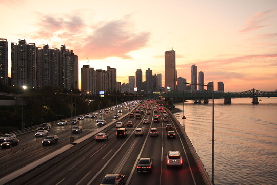 Busy Traffic with Magnificent Sunset View of Yeouido in Seoul, South Korea
