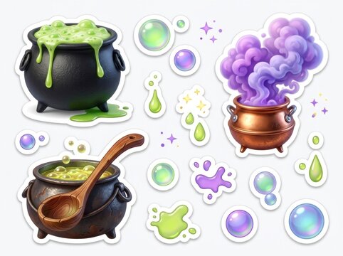 Cute Halloween sticker pack, magic potion cauldron, isometric witch apothecary room, treasure chests, and decorated iced cookies