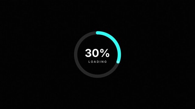 Circular cyan loading progress ring with percentage counter on black background, modern radial loading screen animation filling from 0 to 100 percent