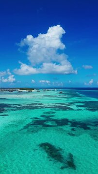 Aerial perspective of a serene coral reef in the Maldives, showcasing clear blue water, white sand, and lush green island surroundings in a peaceful tropical scene, vertical video