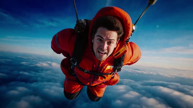 Man Skydiving with Parachute Against Clouds Cinematic Aerial View Adventure Extreme Sport Action