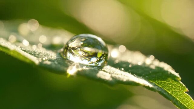 Macro shot of a single dewdrop reflecting sunlight on a vibrant green leaf macro nature freshness morning light bokeh