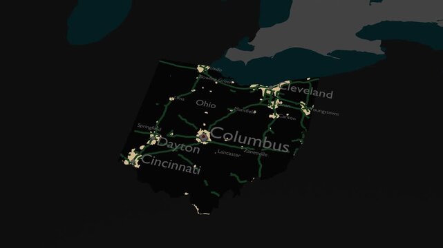 Ohio, USA 3D Digital Map Animation - Reveal of Roads, Cities & Boundaries, 4K Orbiting View & Zoom Out Reveal